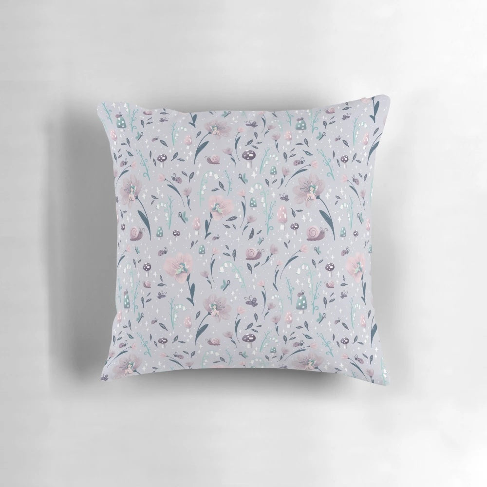 Whimsical purple pillow with fairy garden, mushrooms, and sparkles