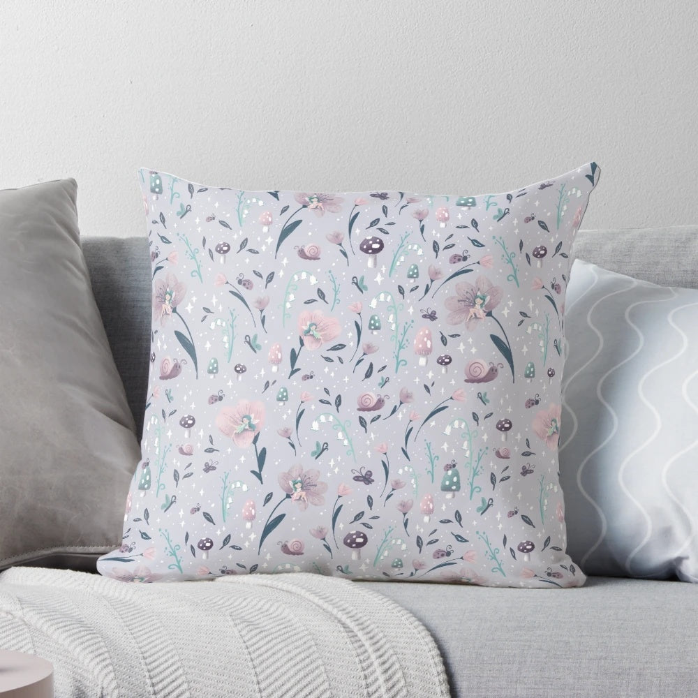 Whimsical purple pillow with fairy garden, mushrooms, and sparkles