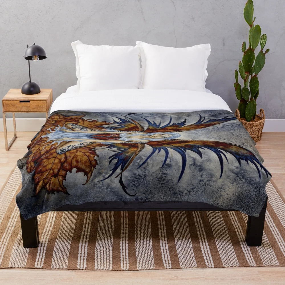 Fairy plush blanket with fantasy artwork and autumn foliage