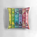 A throw pillow featuring illustrated designs inspired by classic children's literature
