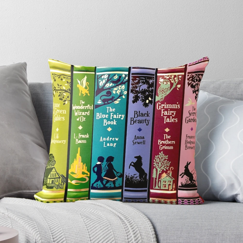 A throw pillow featuring illustrated designs inspired by classic children's literature