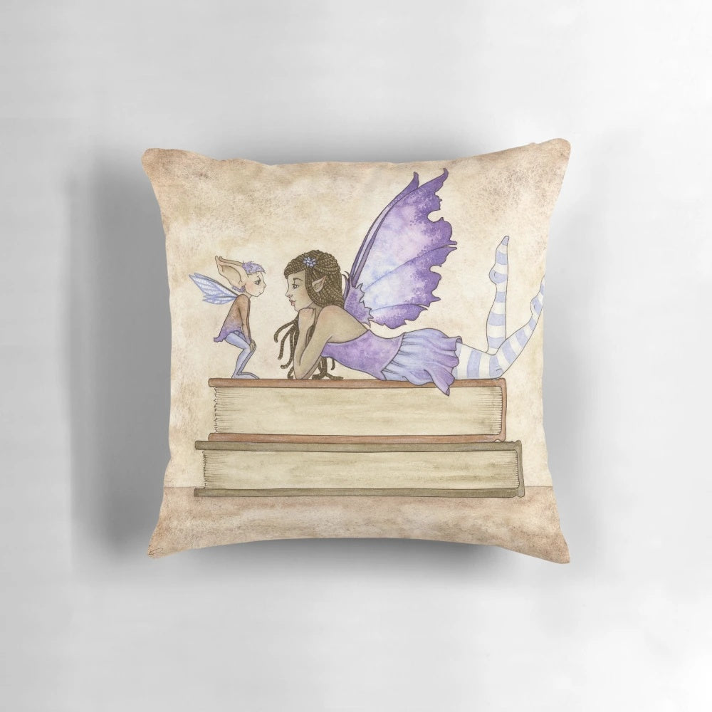 Whimsical fairy tale-inspired pillow with vibrant purple design and fantasy art