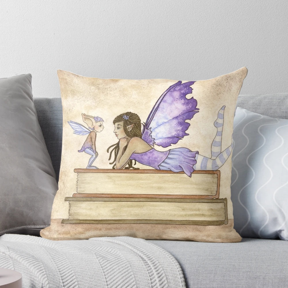 Whimsical fairy tale-inspired pillow with vibrant purple design and fantasy art