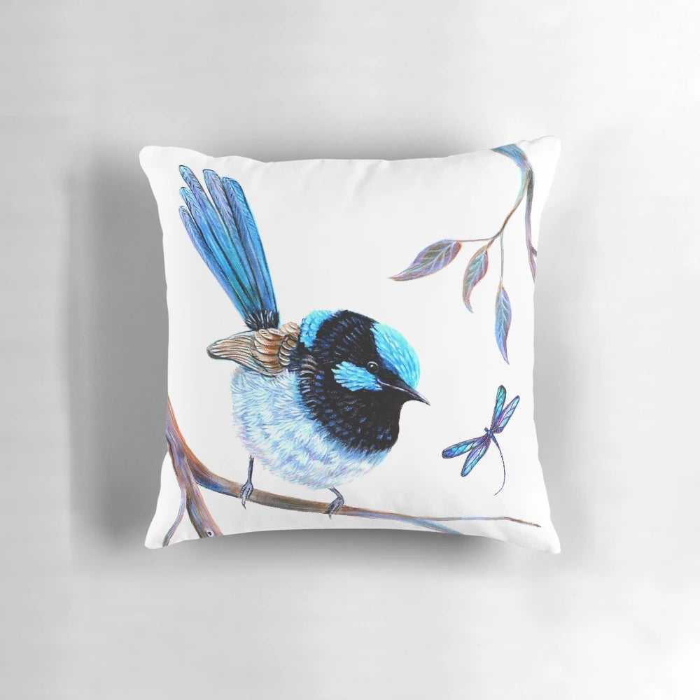 A beautiful decorative pillow featuring a fairy wren and dragonflies in a nature-inspired design.