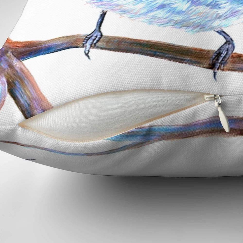 A beautiful decorative pillow featuring a fairy wren and dragonflies in a nature-inspired design.