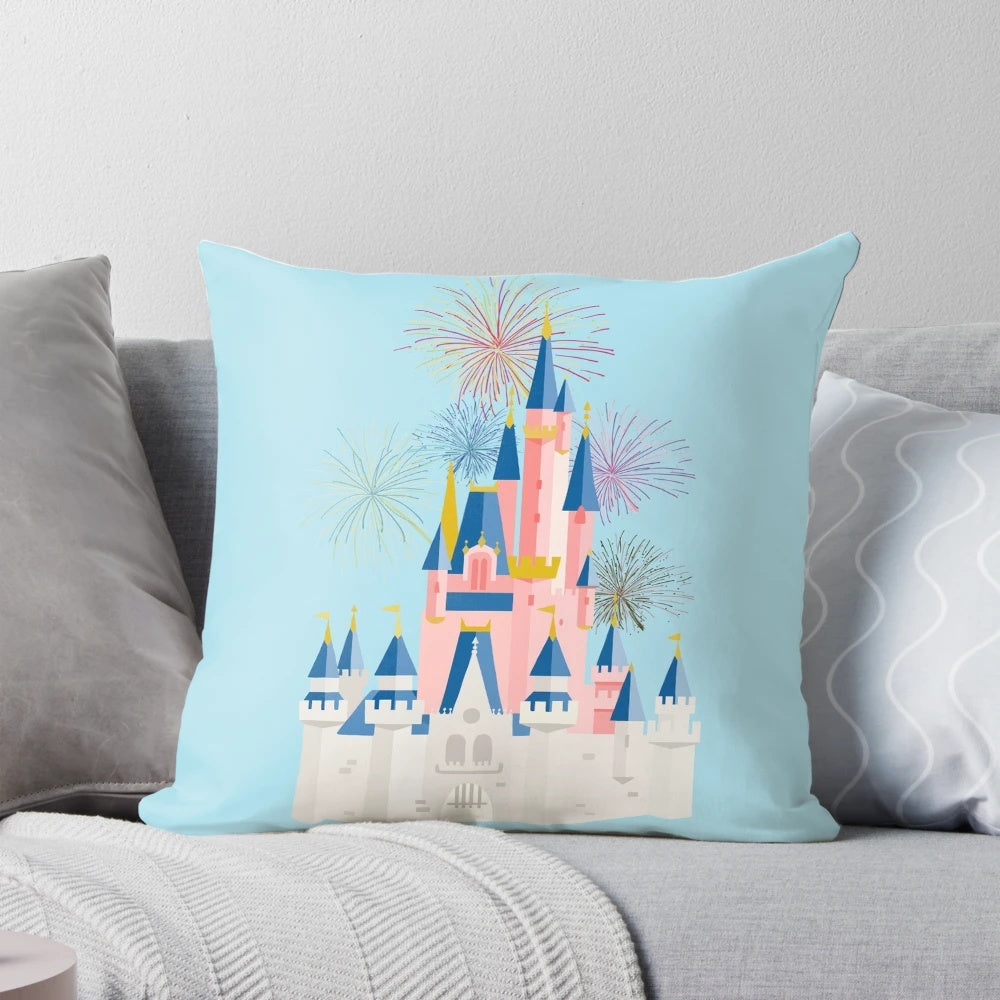 Fairytale castle pillow with Disney-inspired design and magical sparkles