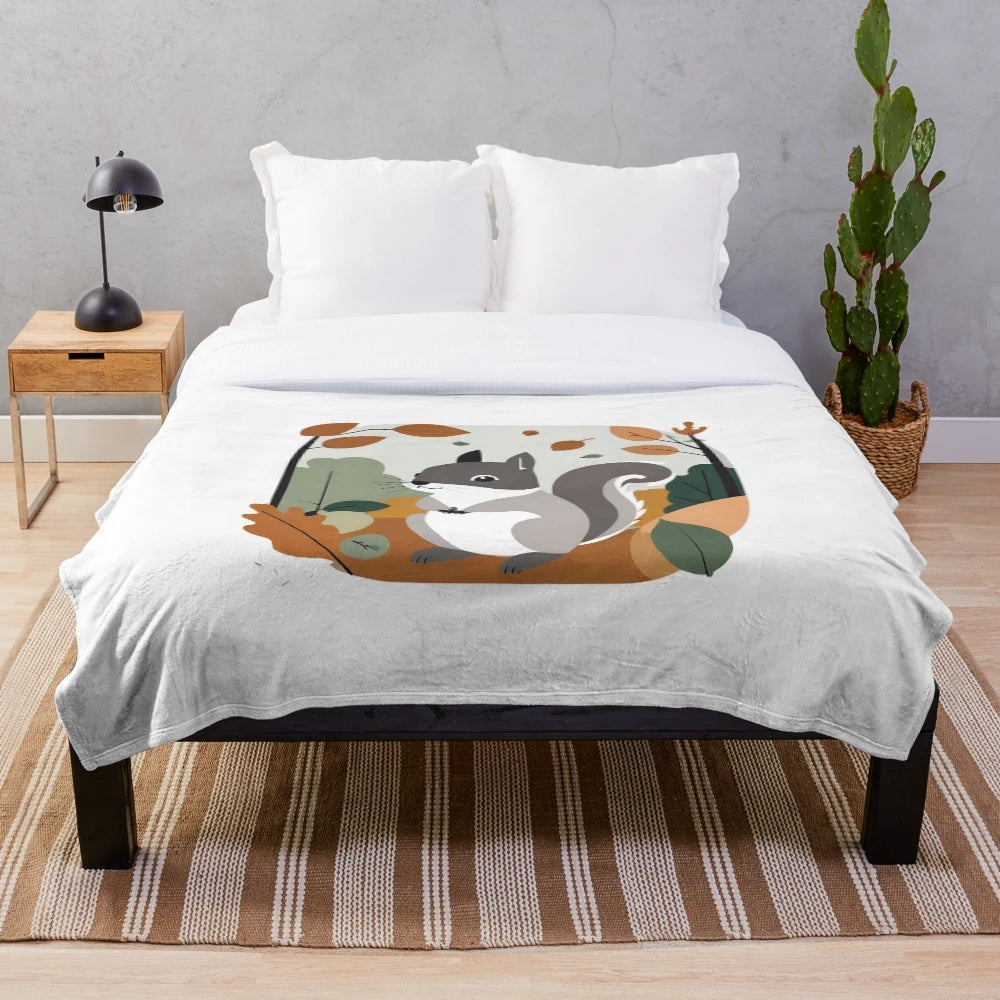 Autumnal wildlife plush blanket featuring a cute squirrel in a forest