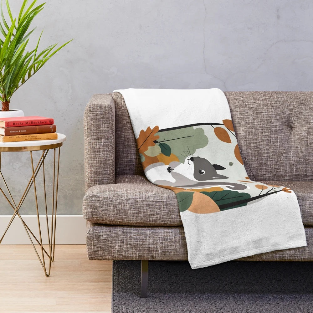 Autumnal wildlife plush blanket featuring a cute squirrel in a forest