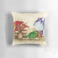 Decorative pillow featuring a fantasy dragon design in a library setting