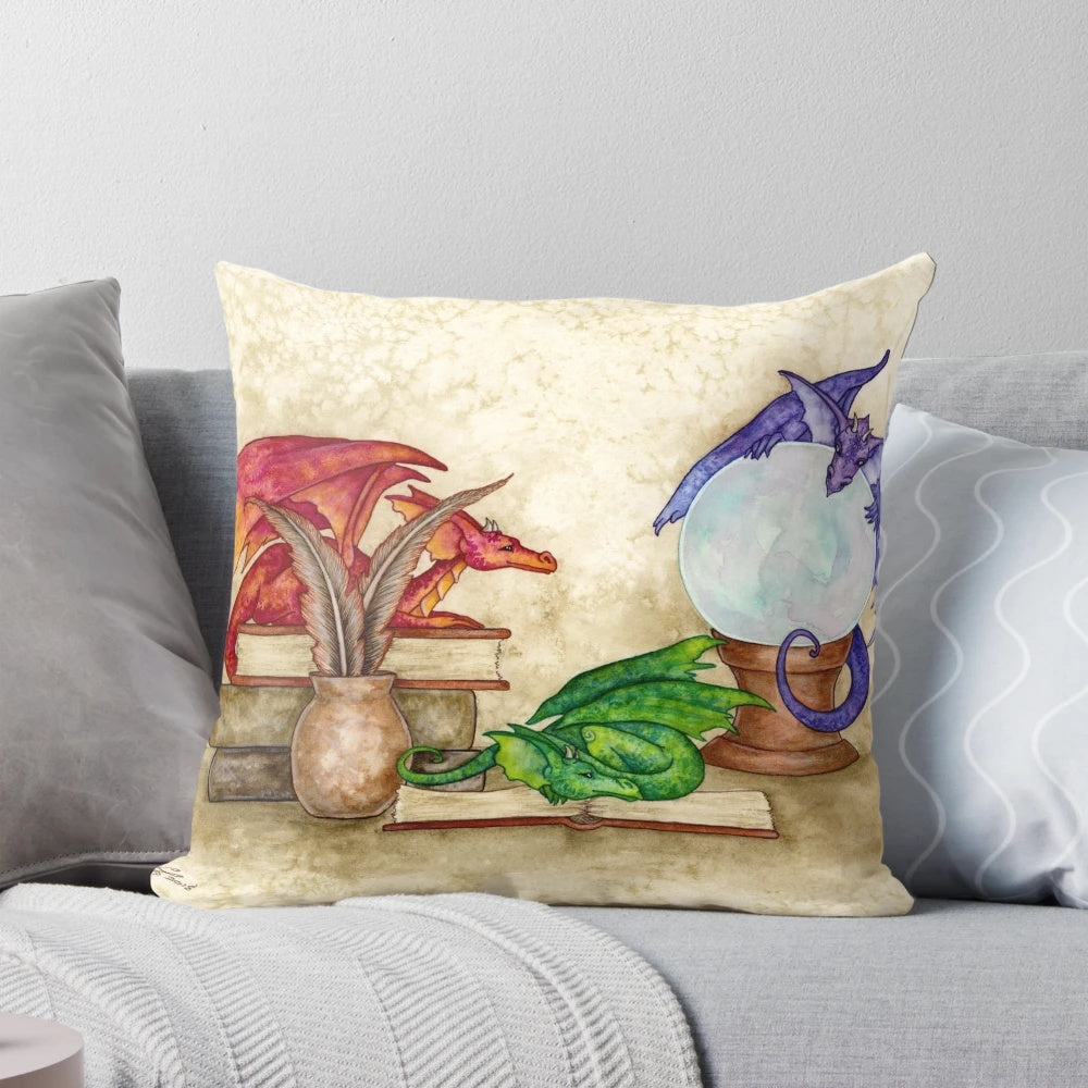 Decorative pillow featuring a fantasy dragon design in a library setting