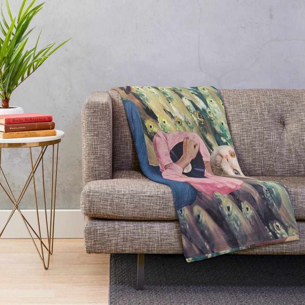 Plush blanket featuring a fantasy art depiction of a cat woman with fishes