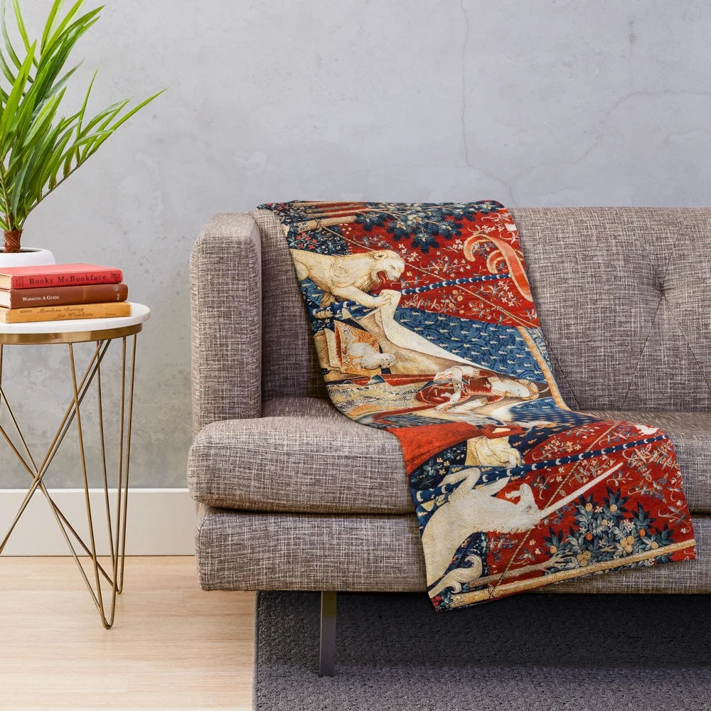 Fantasy plush blanket with floral and unicorn tapestry design