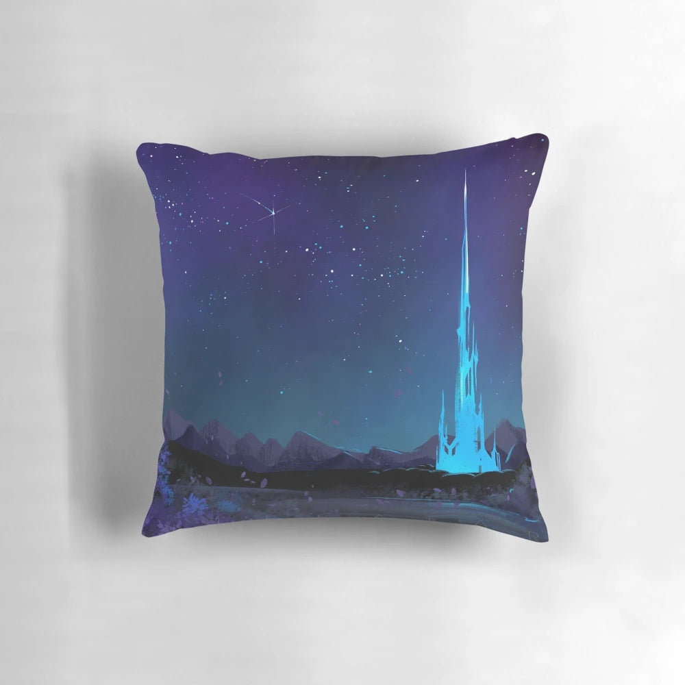 Detailed fantasy landscape pillow featuring a starry night sky, Lakeland towers, and glowing crystals