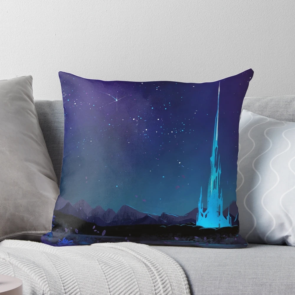 Detailed fantasy landscape pillow featuring a starry night sky, Lakeland towers, and glowing crystals