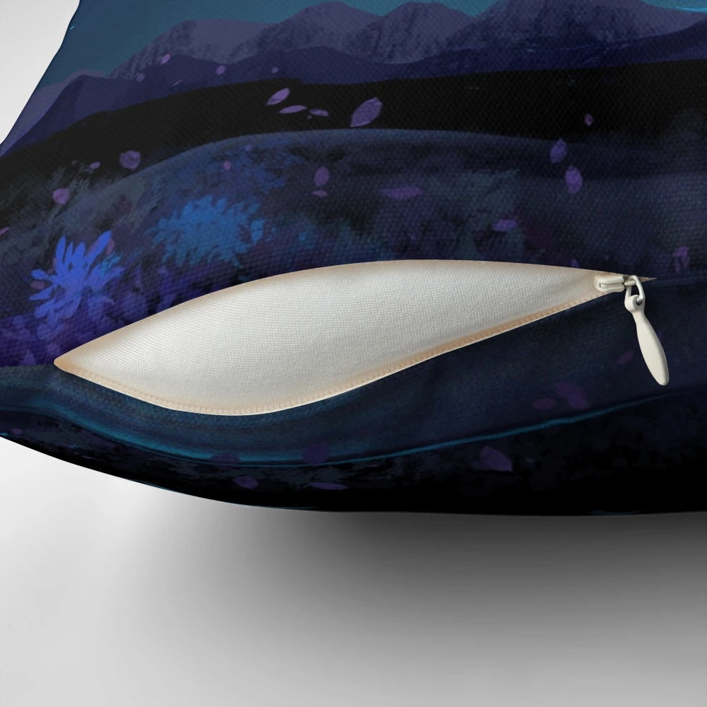 Detailed fantasy landscape pillow featuring a starry night sky, Lakeland towers, and glowing crystals