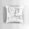 Decorative fantasy map pillow featuring a black and white illustration of Middle Earth from the Lord of the Rings series