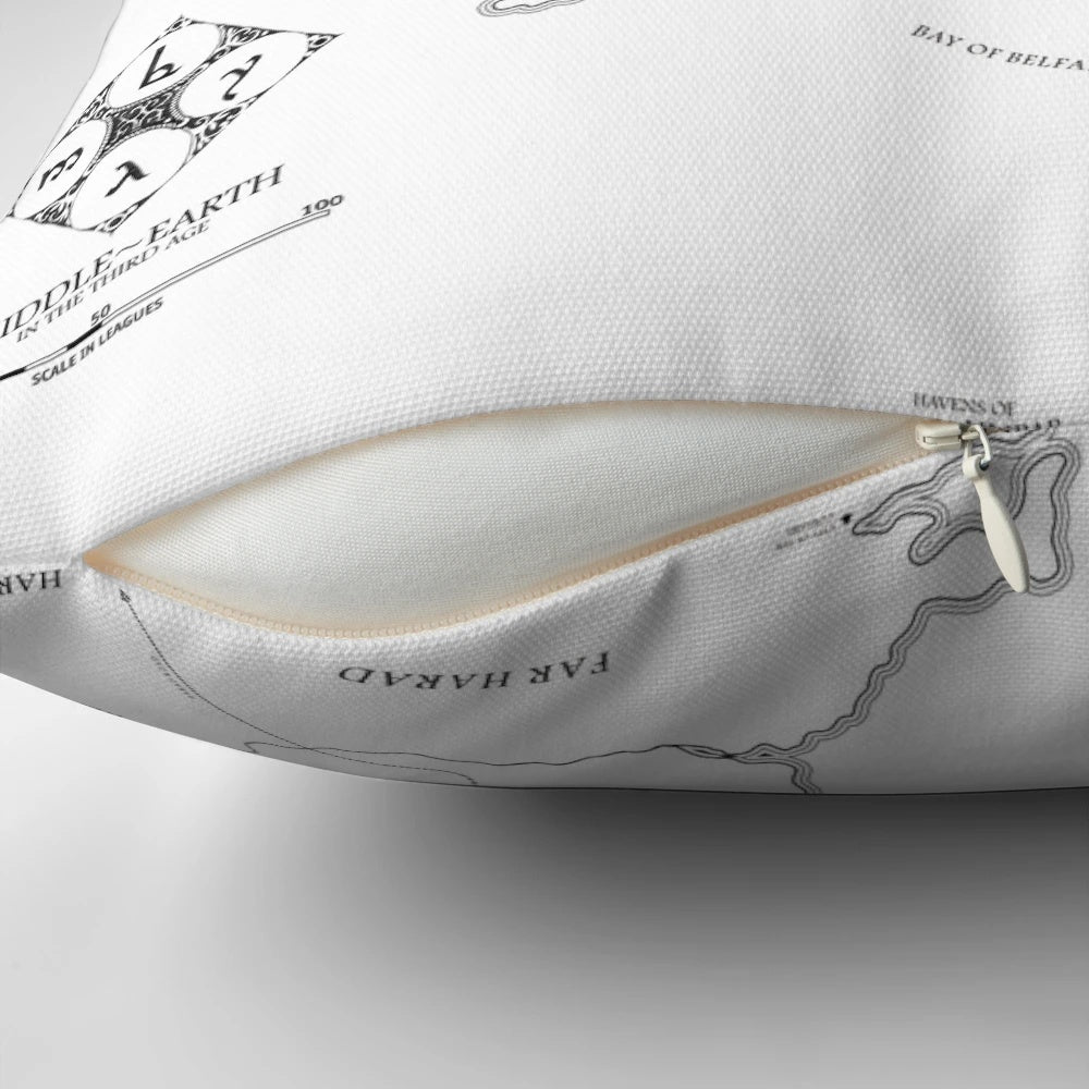 Decorative fantasy map pillow featuring a black and white illustration of Middle Earth from the Lord of the Rings series