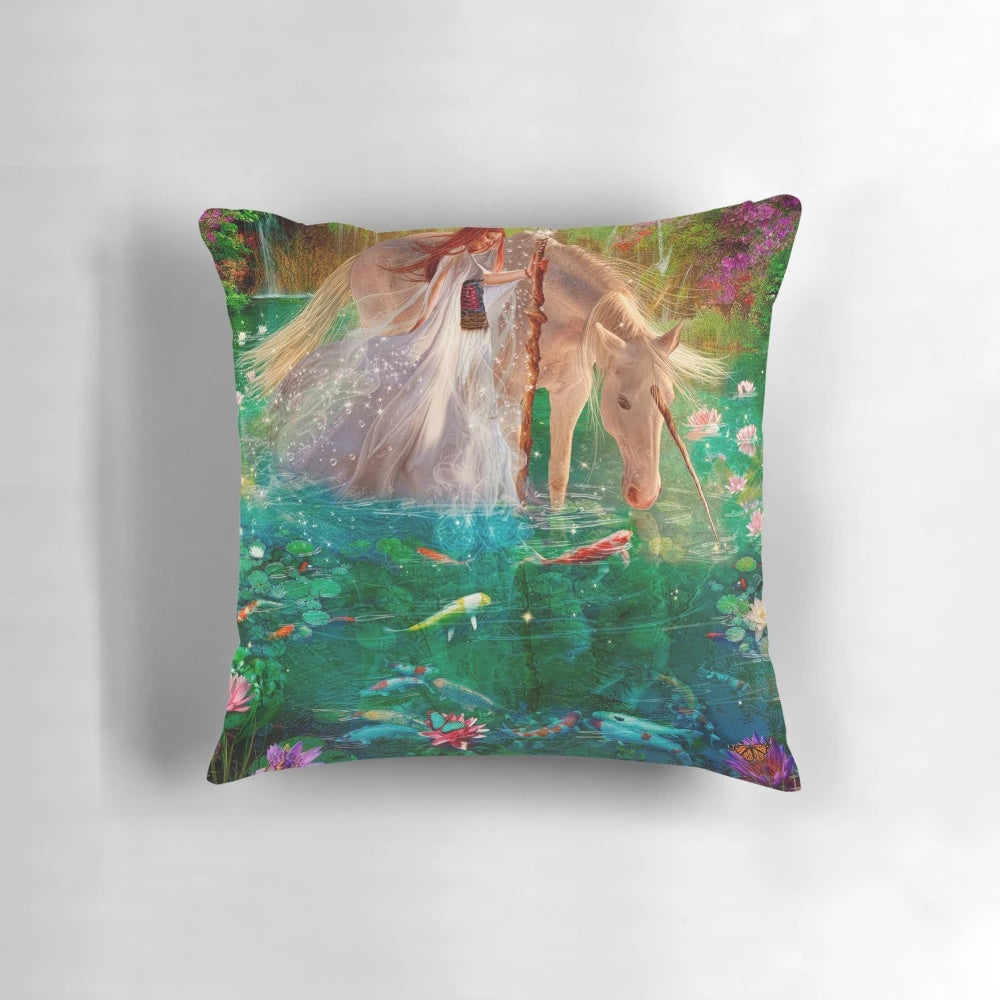 A Curious Introduction Pillow featuring a dreamy, nature-inspired design with unicorns, koi, and magical elements.