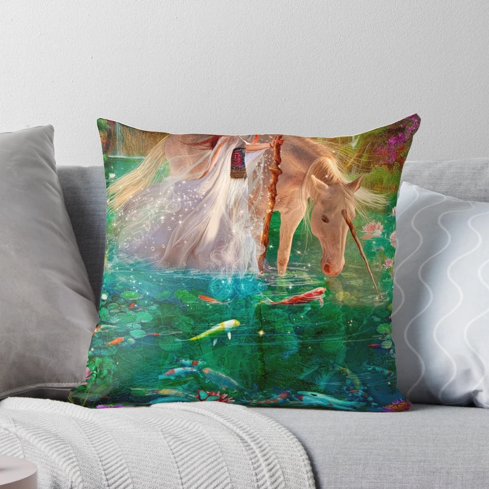 A Curious Introduction Pillow featuring a dreamy, nature-inspired design with unicorns, koi, and magical elements.