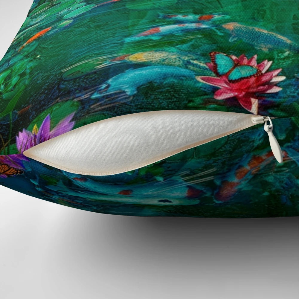 A Curious Introduction Pillow featuring a dreamy, nature-inspired design with unicorns, koi, and magical elements.
