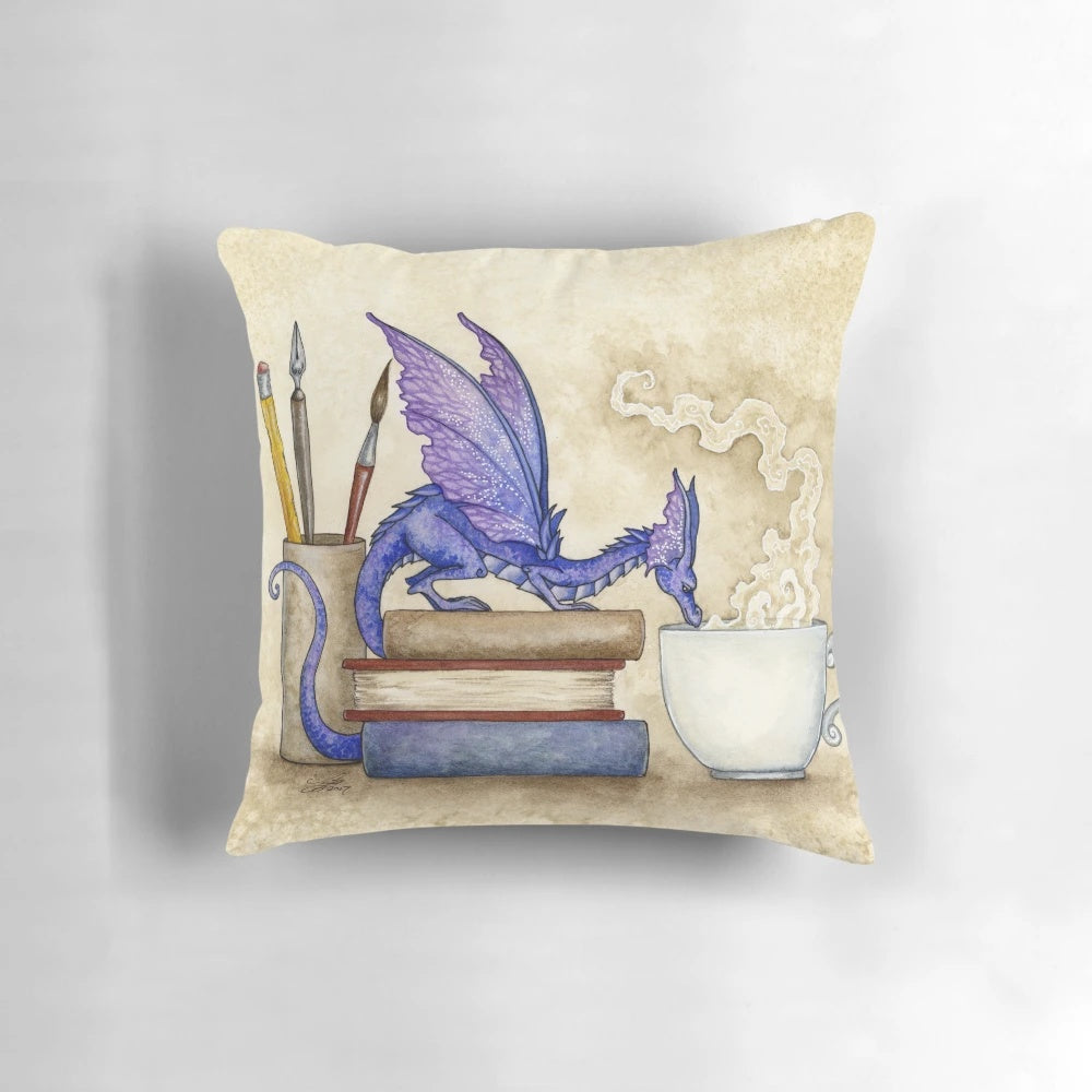 Whimsical fantasy-themed decorative pillow featuring a dragon and fairy design