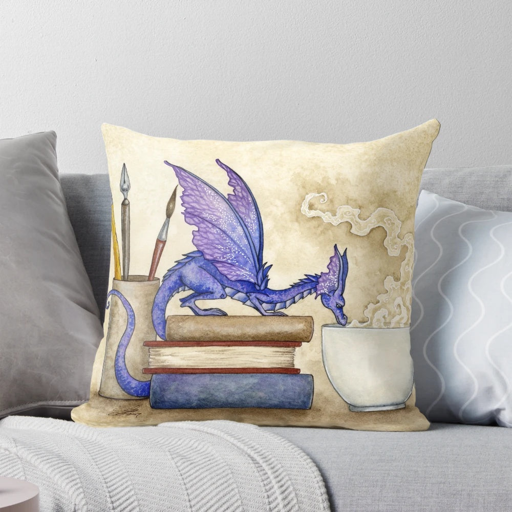 Whimsical fantasy-themed decorative pillow featuring a dragon and fairy design