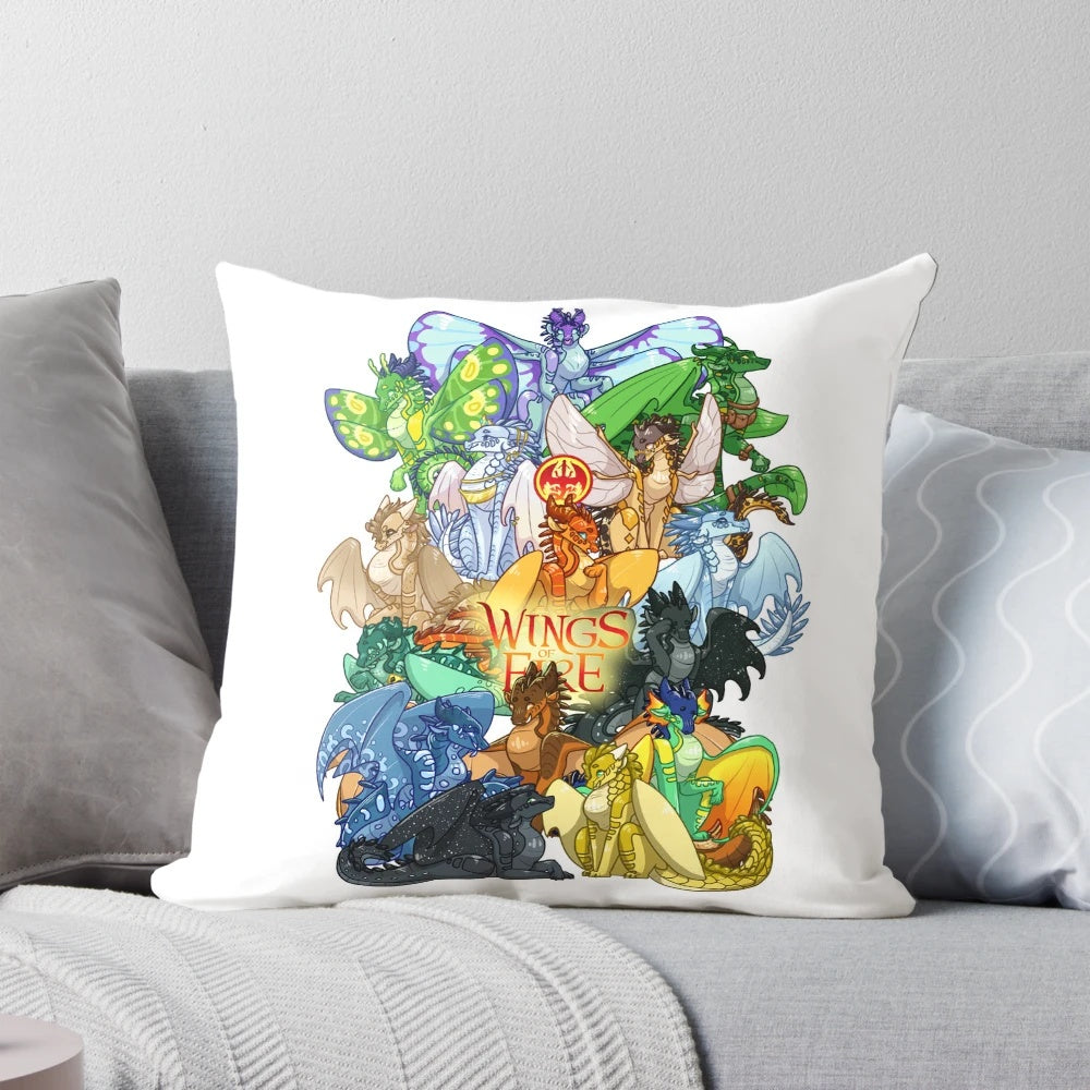 Decorative fantasy-themed pillow with dragon imagery and text from the "Wings of Fire" book series by author Tui T. Sutherland.