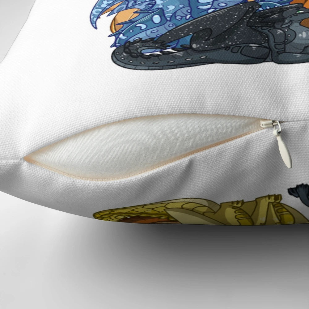 Decorative fantasy-themed pillow with dragon imagery and text from the "Wings of Fire" book series by author Tui T. Sutherland.