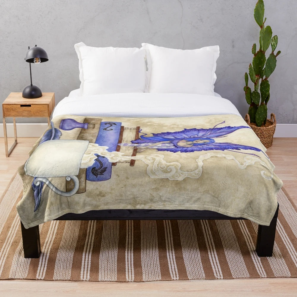 Soft and cozy plush blanket with fantasy bookworm design