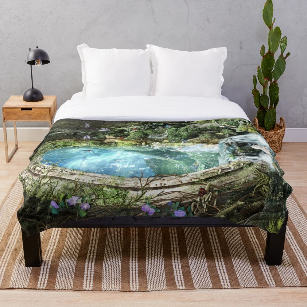 Fantasy plush blanket featuring a whimsical portal and nature elements