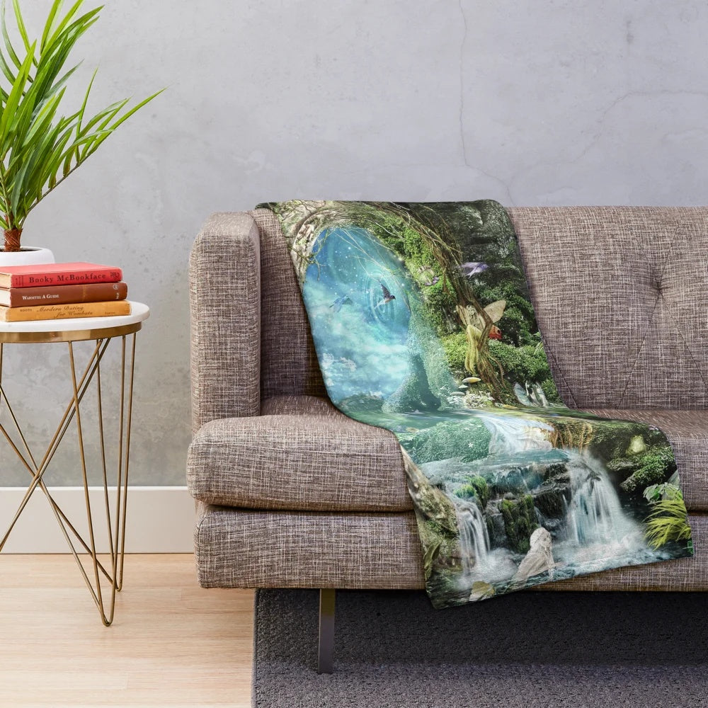 Fantasy plush blanket featuring a whimsical portal and nature elements