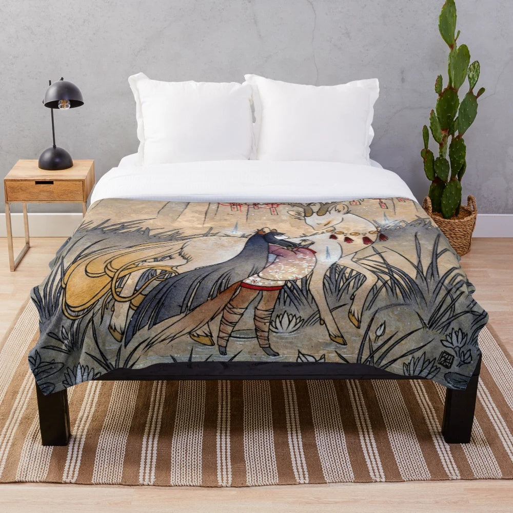 Soft and cozy plush blanket featuring a whimsical illustration of a mystical fox-like creature under a crescent moon