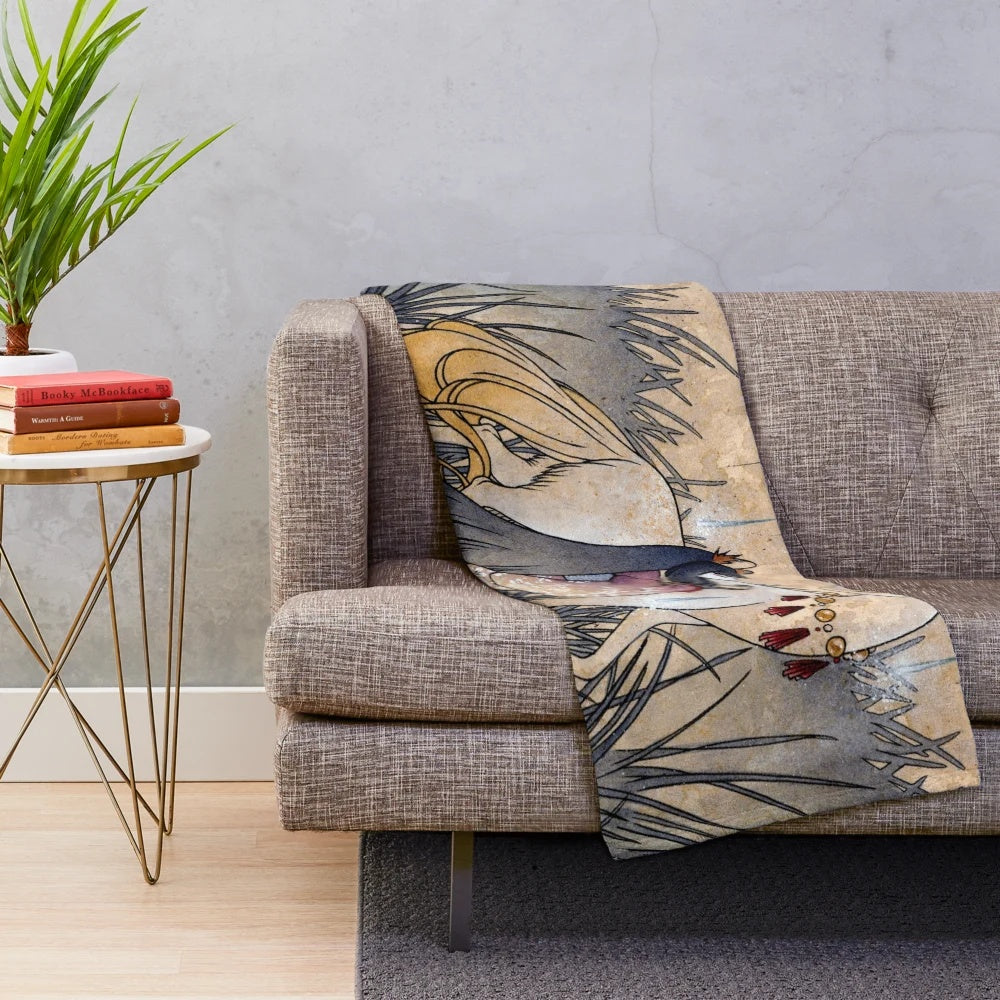 Soft and cozy plush blanket featuring a whimsical illustration of a mystical fox-like creature under a crescent moon