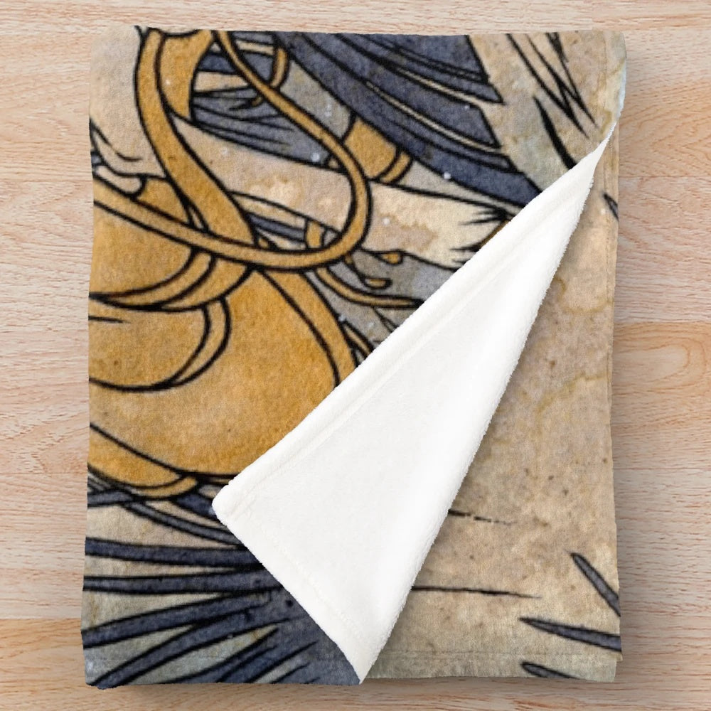 Soft and cozy plush blanket featuring a whimsical illustration of a mystical fox-like creature under a crescent moon