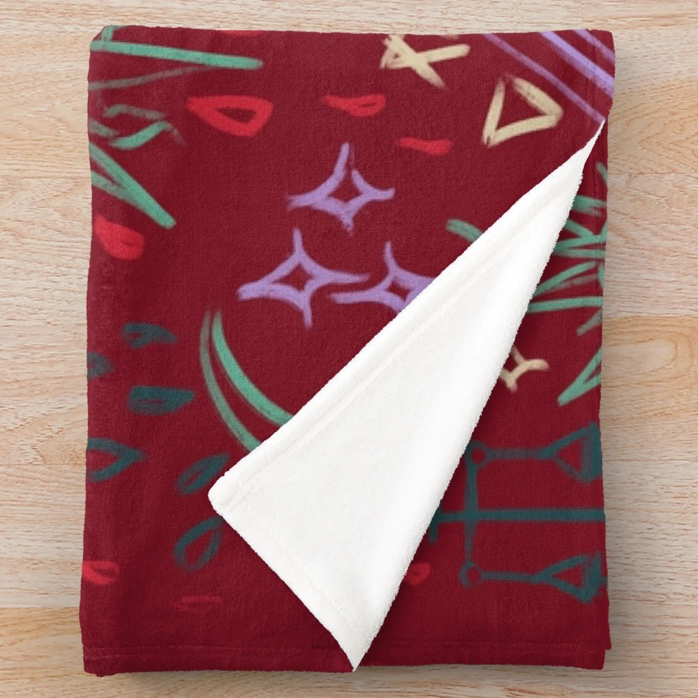 Tiefling-inspired plush blanket with grunge, peacock, and alchemical symbols