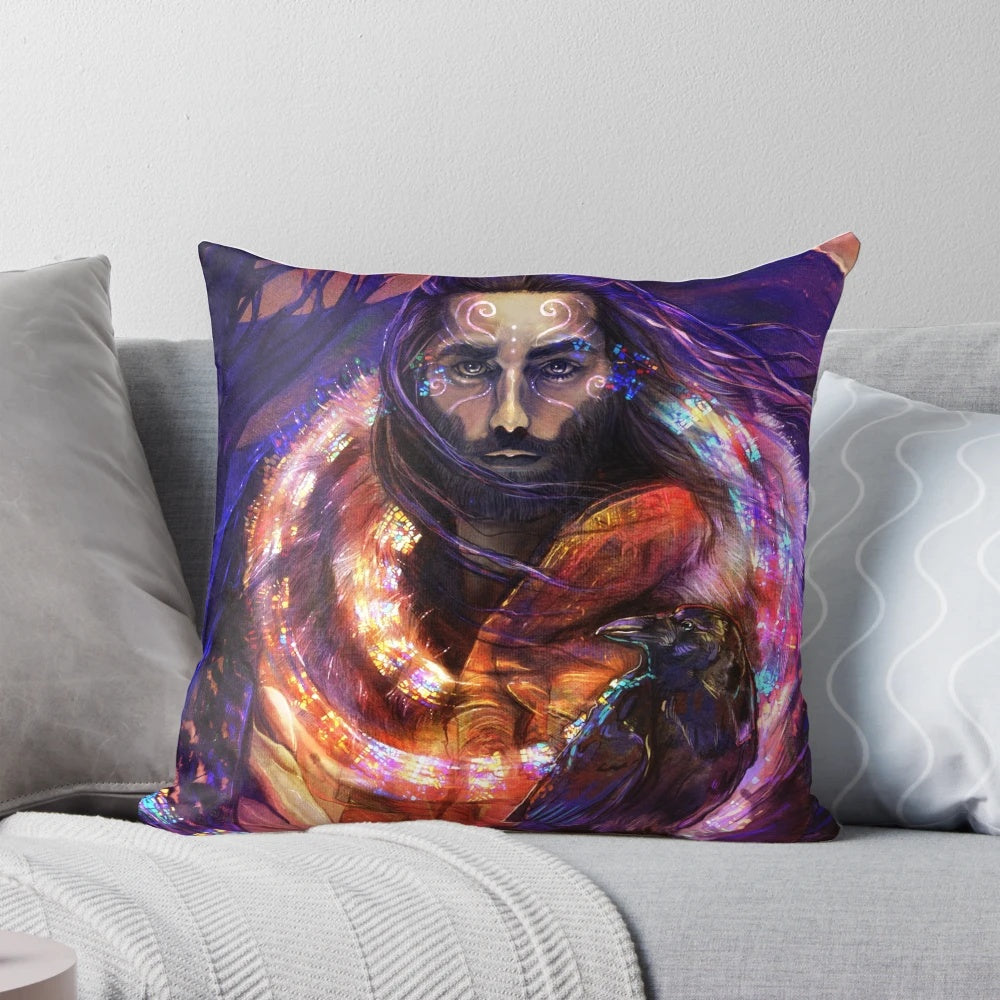 Fay King Pillow featuring magical raven and stone circle design