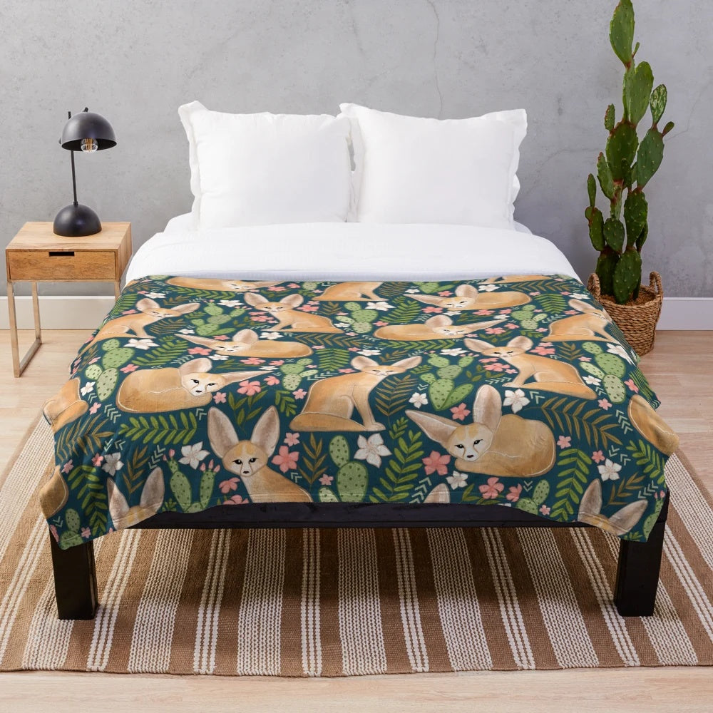 Fennec foxes printed on a soft, plush navy blue blanket