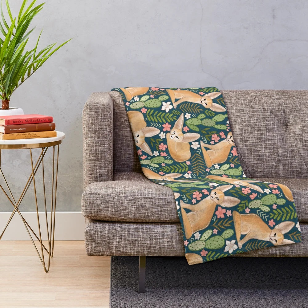 Fennec foxes printed on a soft, plush navy blue blanket