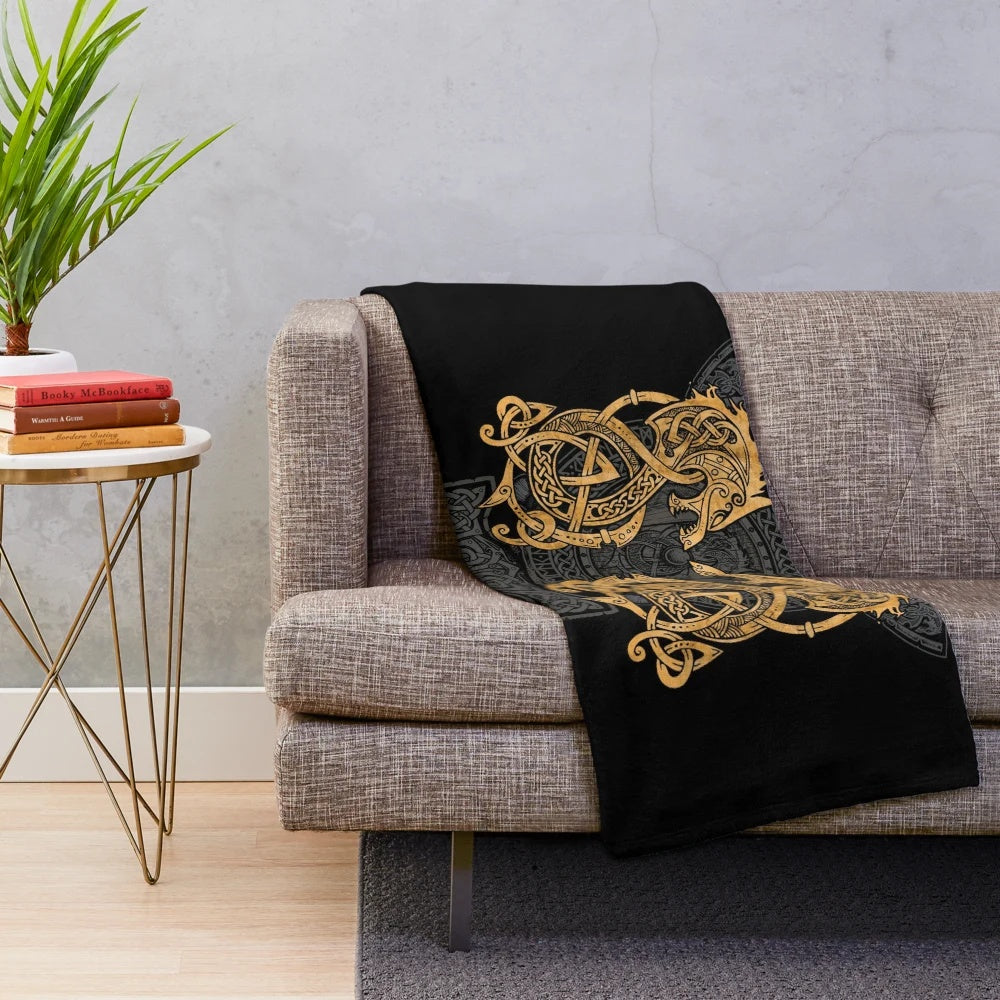 Plush blanket featuring the legendary Norse wolf, Fenrir, in a gold and black design