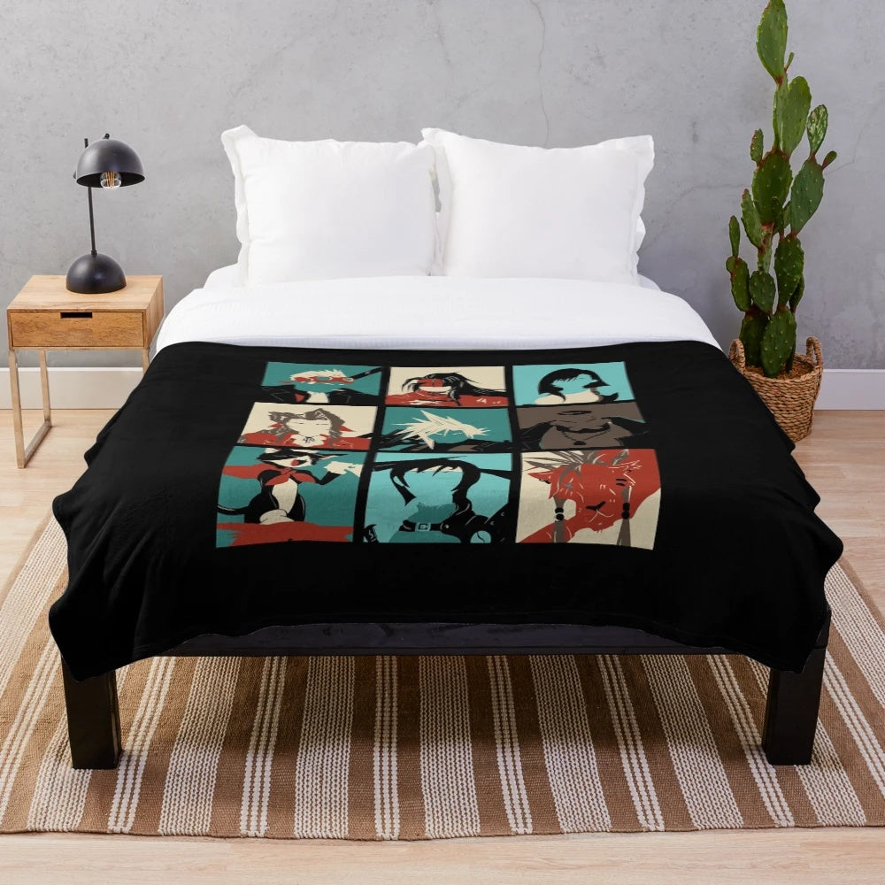 Final Fantasy VII-themed plush blanket featuring characters like Cloud Strife and Aerith