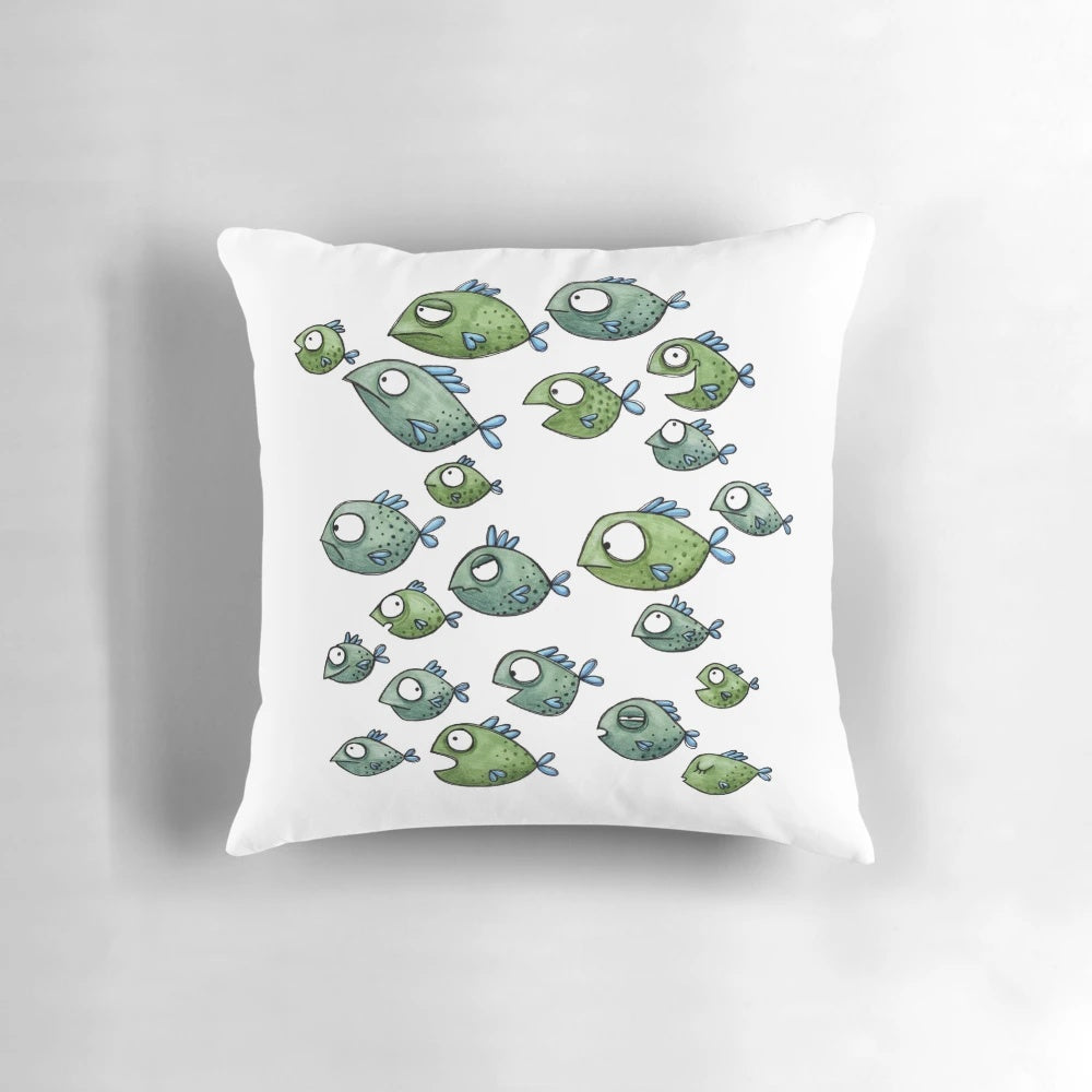 Vibrant illustration of a colorful fish swarm on a decorative throw pillow