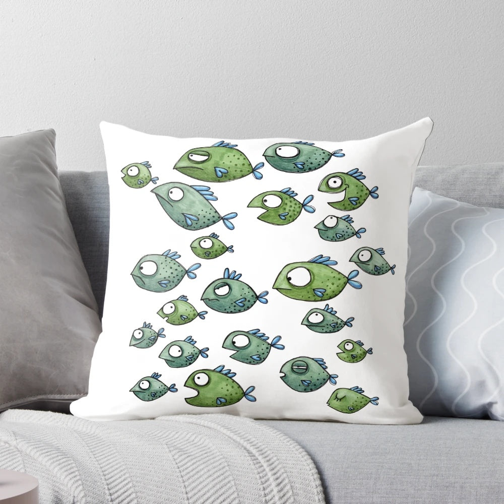 Vibrant illustration of a colorful fish swarm on a decorative throw pillow