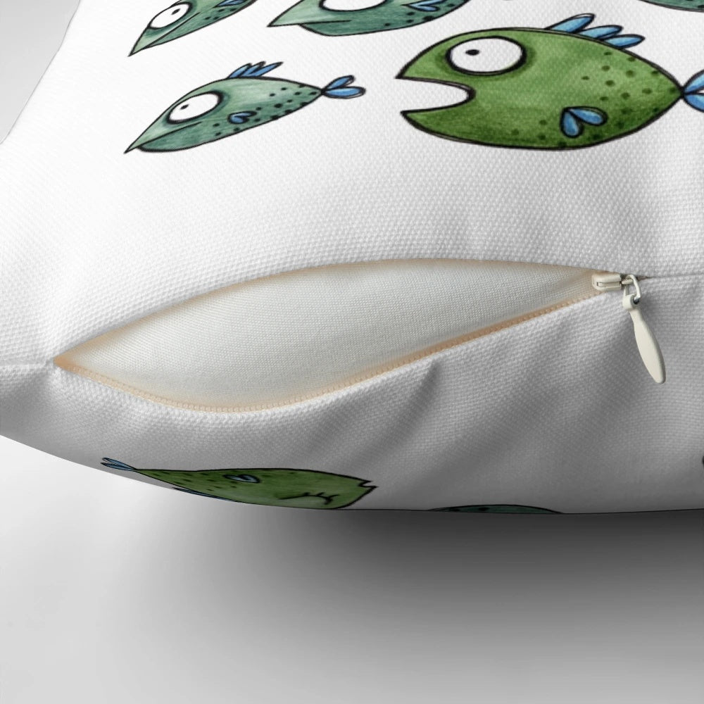 Vibrant illustration of a colorful fish swarm on a decorative throw pillow