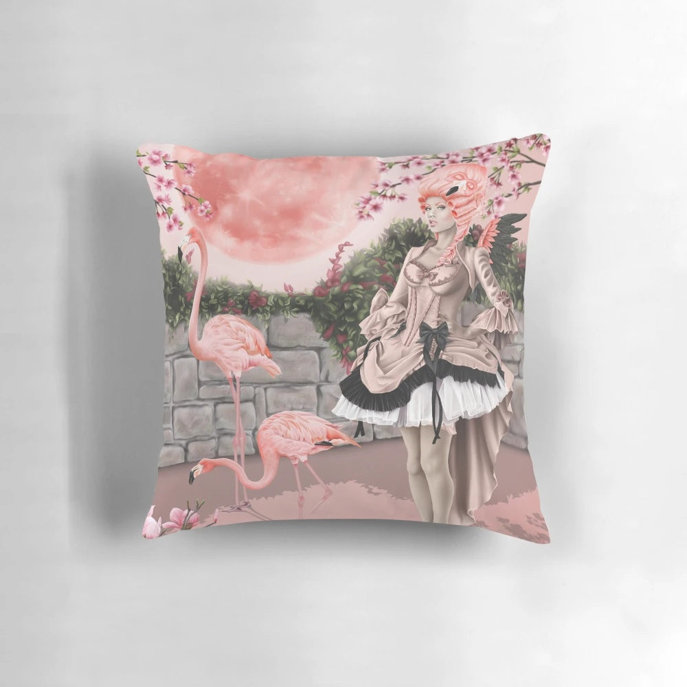 Flamingo fairy printed on a pink moon pillow with floral accents for a magical, whimsical touch.