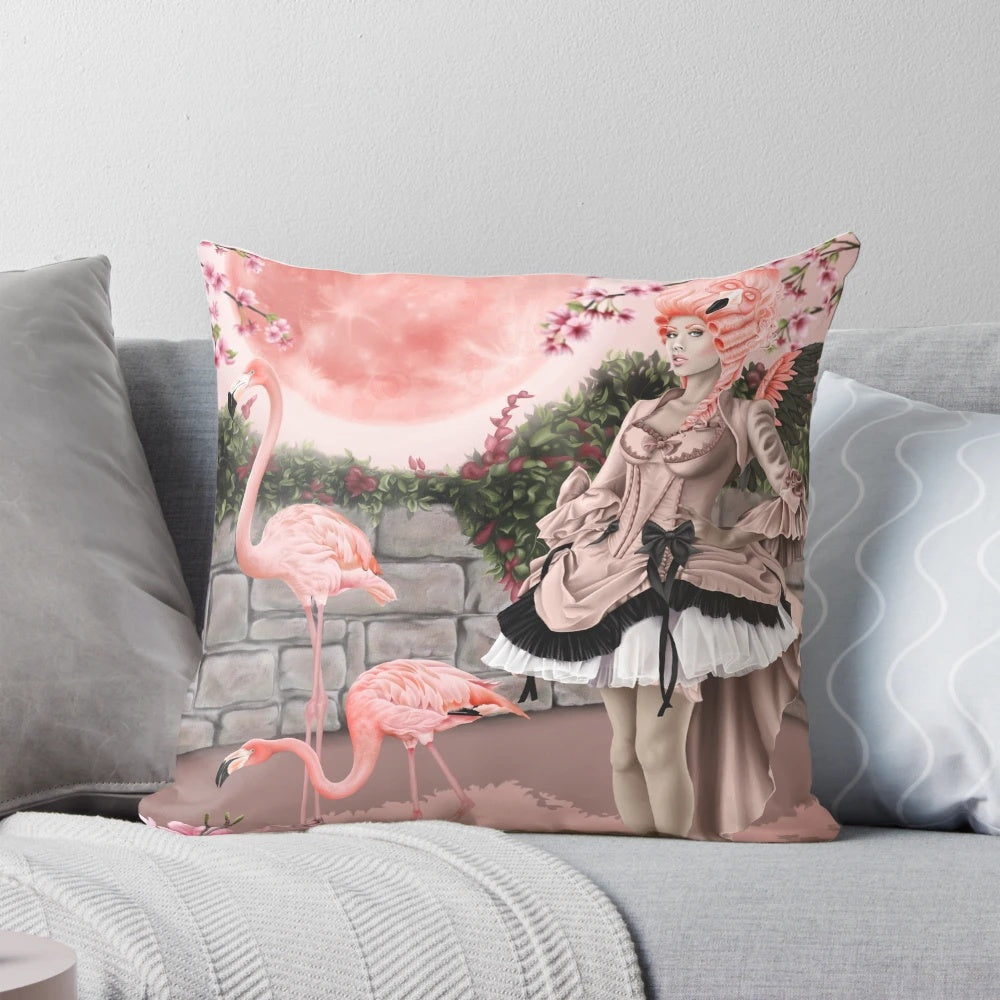 Flamingo fairy printed on a pink moon pillow with floral accents for a magical, whimsical touch.