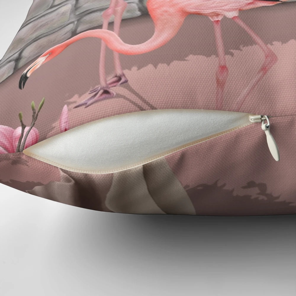 Flamingo fairy printed on a pink moon pillow with floral accents for a magical, whimsical touch.