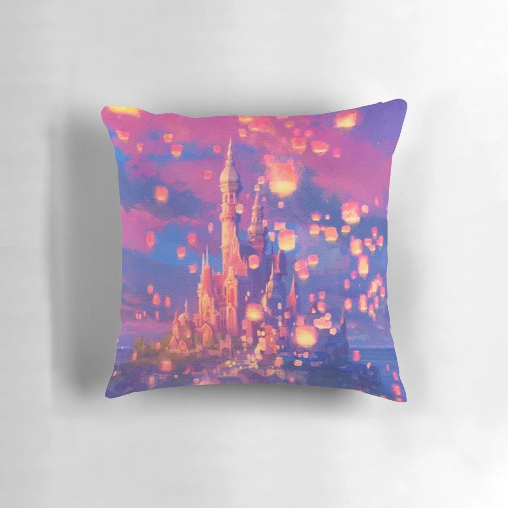 Lanterns floating pillow depicting a Tangled-inspired scene with Rapunzel, Flynn Rider, and glowing lanterns
