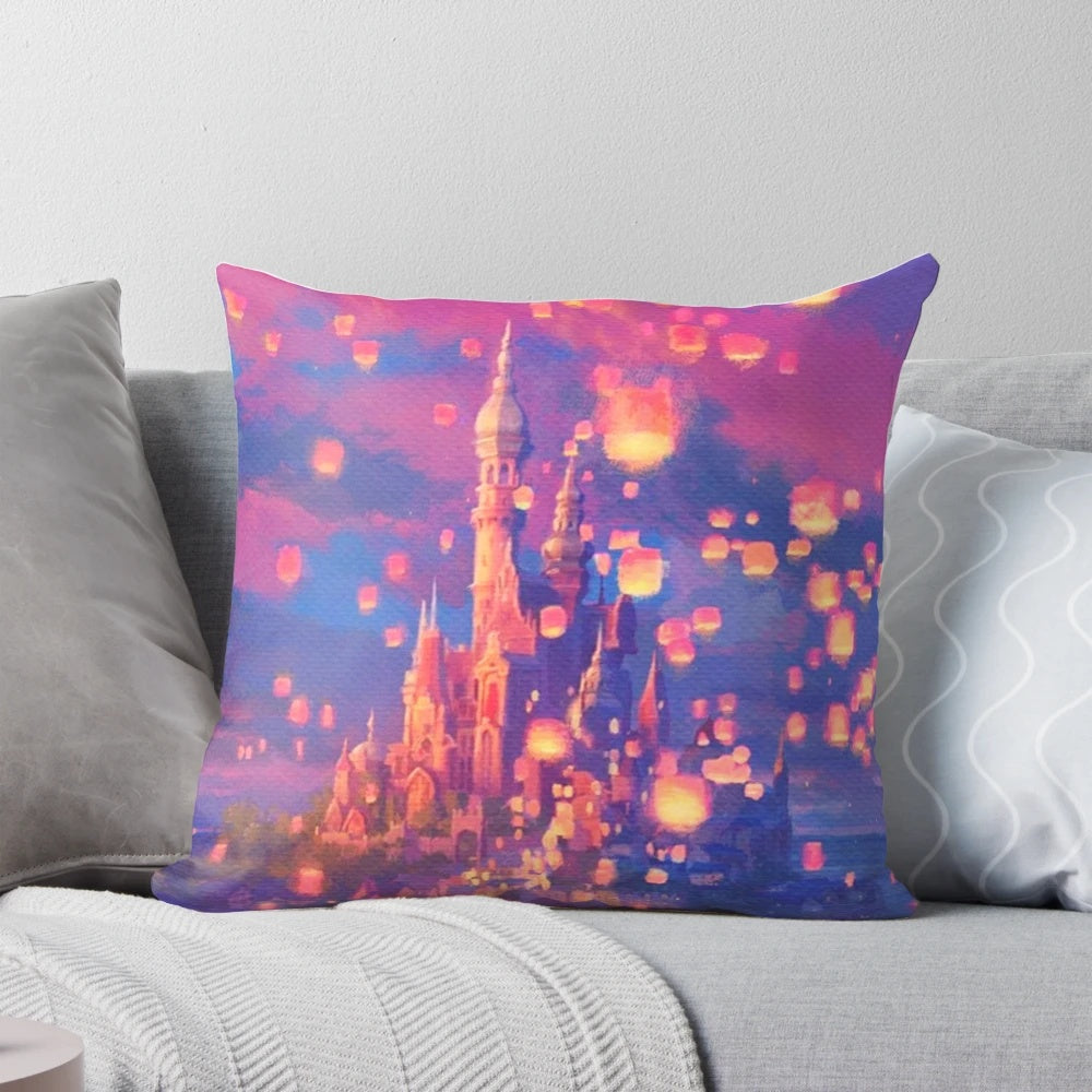 Lanterns floating pillow depicting a Tangled-inspired scene with Rapunzel, Flynn Rider, and glowing lanterns