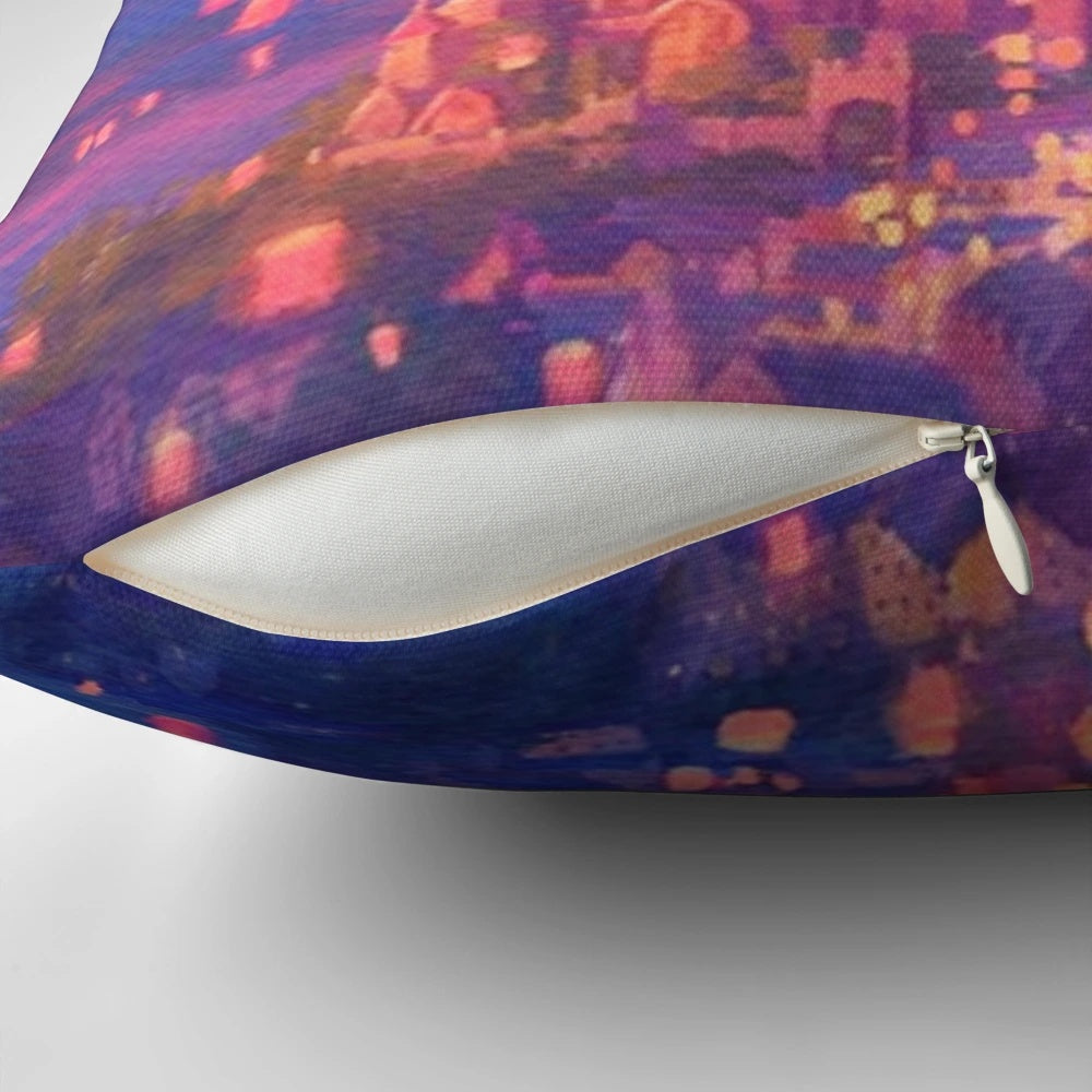 Lanterns floating pillow depicting a Tangled-inspired scene with Rapunzel, Flynn Rider, and glowing lanterns