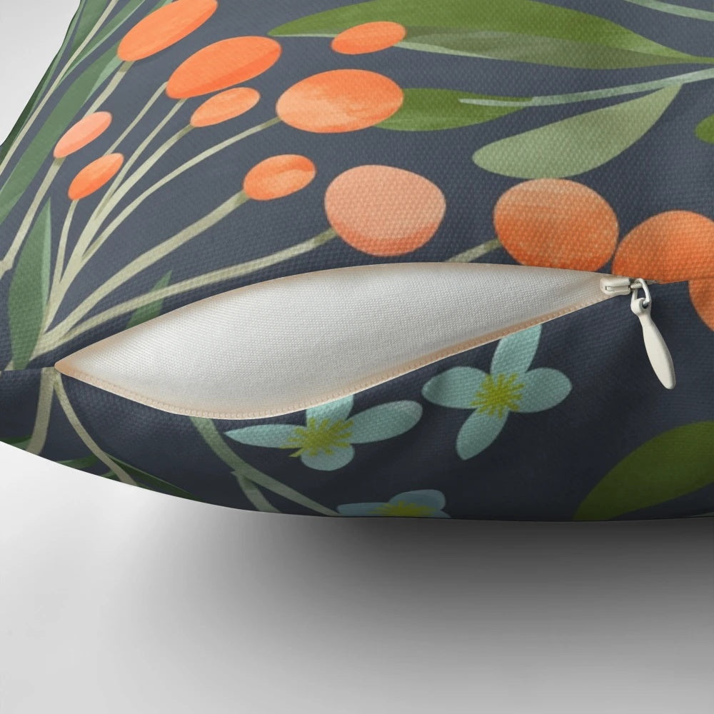 A beautifully designed floral botanical pillow in soothing green, blue, and pink tones.